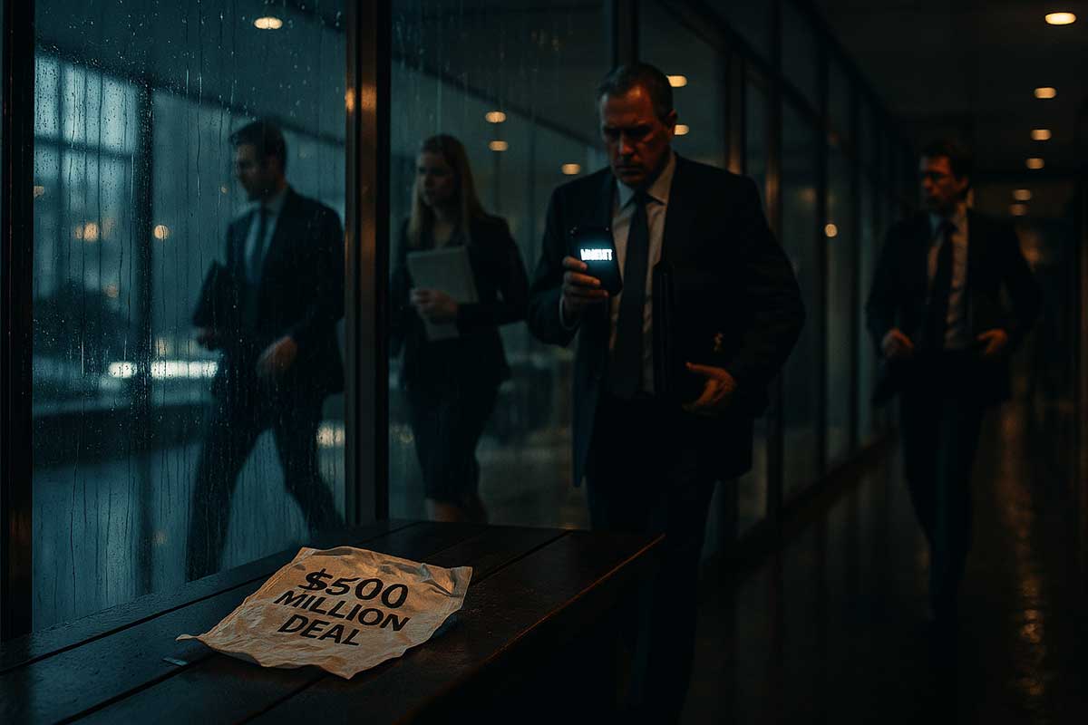 A crumpled contract labeled “$500 Million Deal”