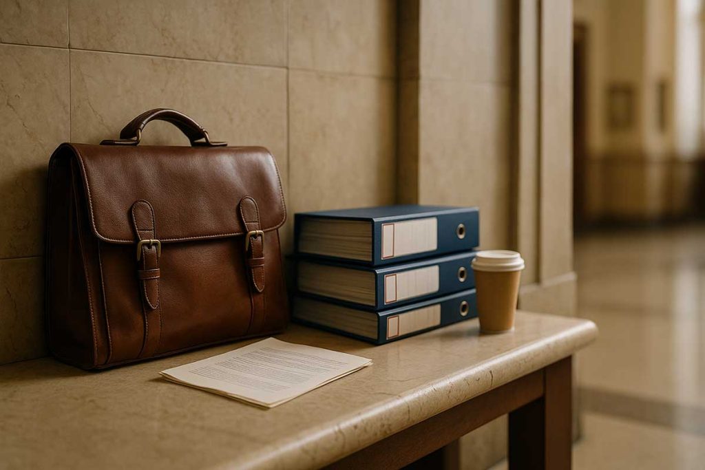 A leather briefcase rests against marble walls, legal binders stacked neatly on a bench
