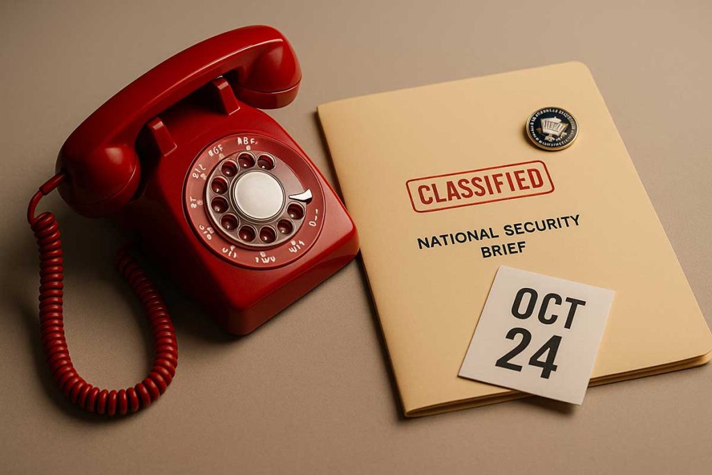 A red emergency phone coiled beside a classified folder stamped “National Security Brief”
