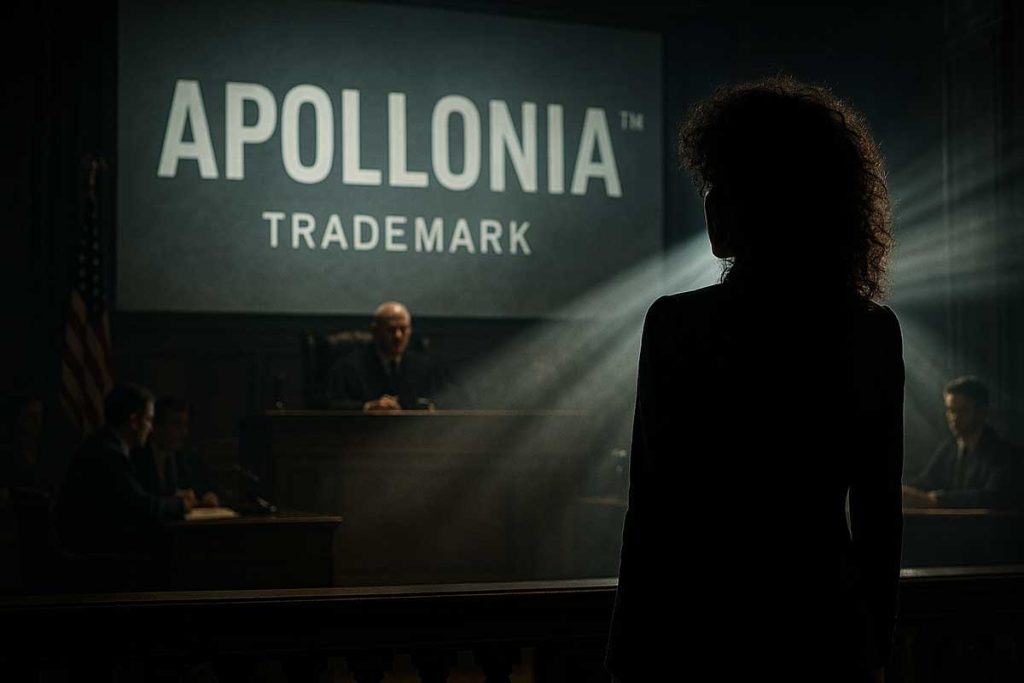 Apollonia’s silhouette facing a giant projected “APOLLONIA” trademark document