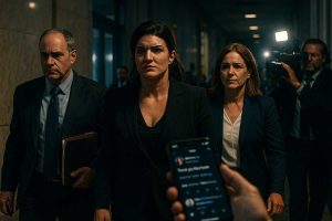 Court hallway at dusk, Carano with attorneys