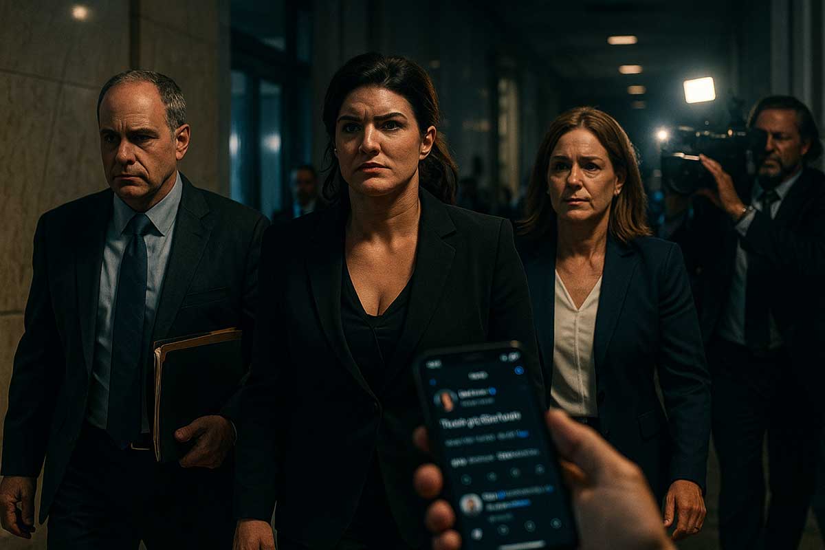 Court hallway at dusk, Carano with attorneys