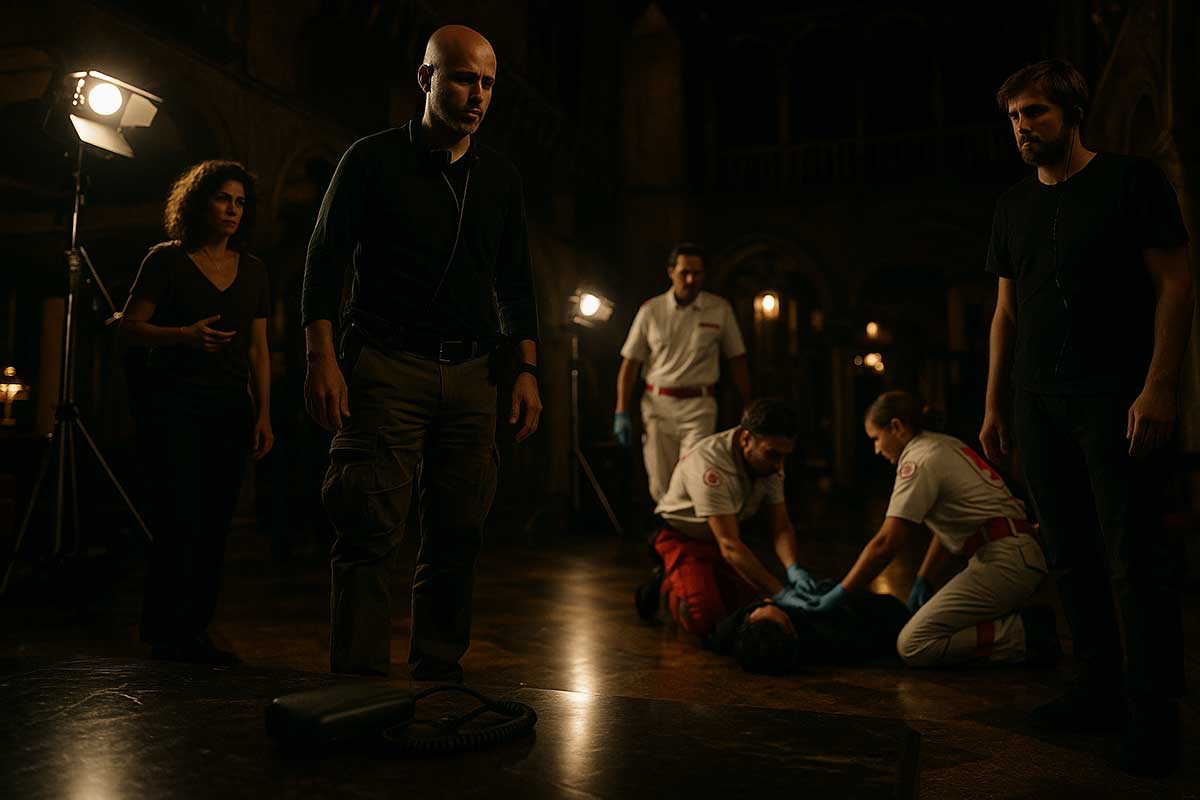 Hotel Danieli interior at night, crew frozen mid-crisis, headset on marble, medics weaving