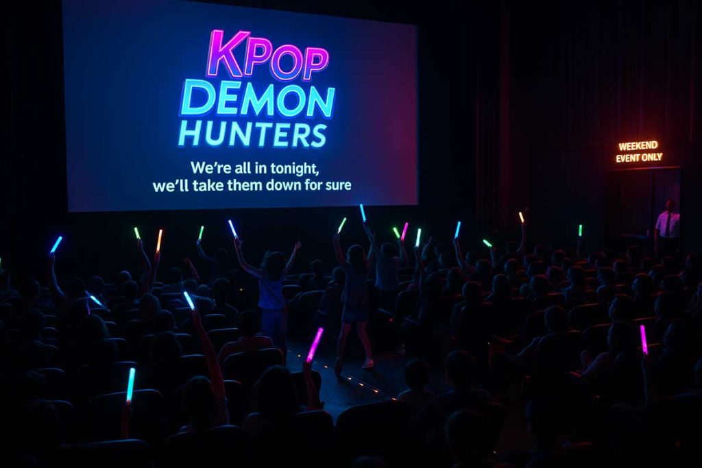 A packed multiplex auditorium during a neon-lit sing-along for KPop Demon Hunters