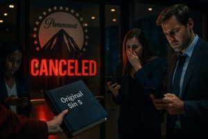 Paramount lobby at night, DEXTER “Canceled” memo reflected in glass doors