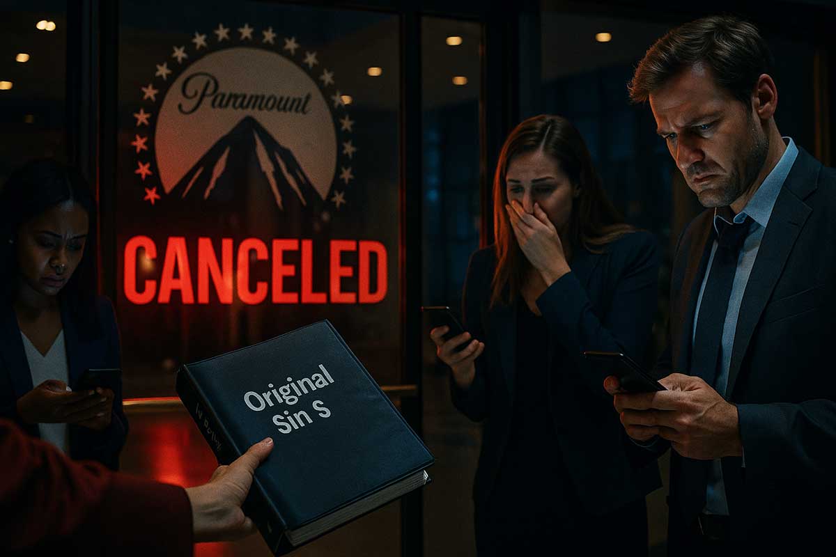 Paramount lobby at night, DEXTER “Canceled” memo reflected in glass doors