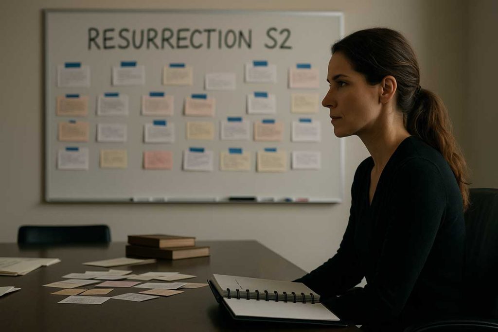 Whiteboard “Resurection Season 2,” laptop open on settlement headlines