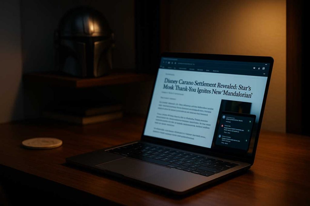 Laptop open on settlement headlines