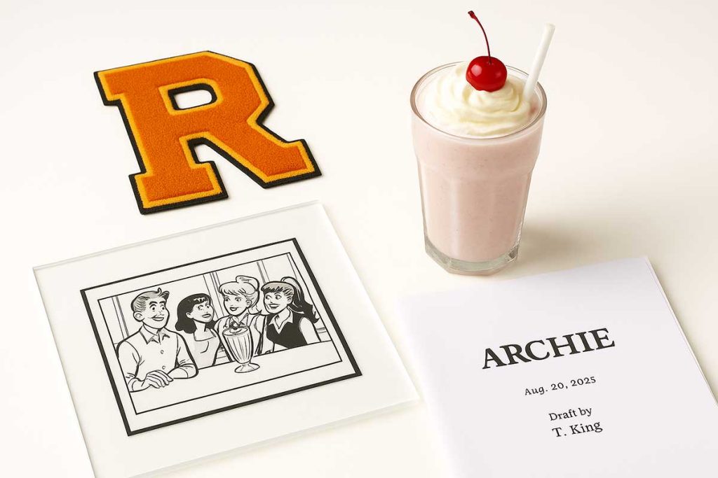 Vintage letterman “R” patch, a cherry-topped milkshake, a comic panel frame