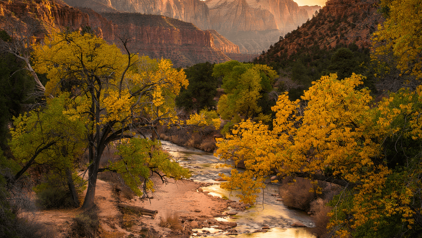 Zion National Park peaks with fall colors as golden cottonwoods light up canyons