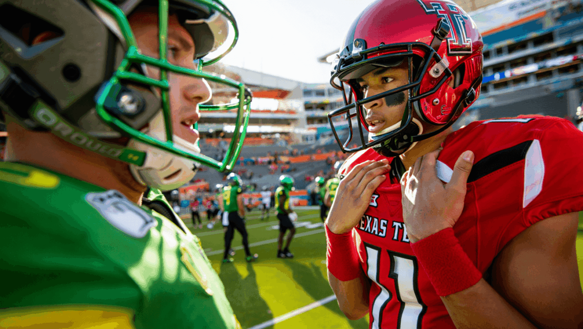 NCAA football games today feature playoff showdowns with Oregon-Texas Tech kicking off at noon