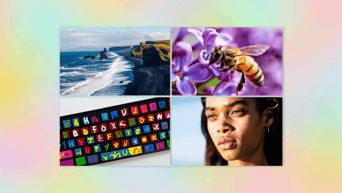 A triptych shows a portrait, a bee on a lilac flower, and a couple on a beach