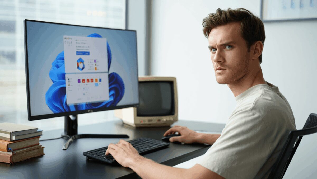 A split image shows Clippy from Windows beside a person pressing the Windows key on a PC keyboard