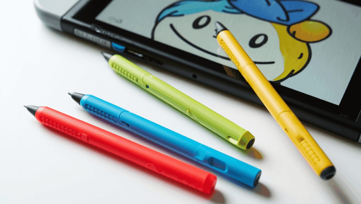 Nintendo Switch console displaying Tomodachi Life: Living the Dream game promotional image with a Bopomofo touch screen stylus overlaid