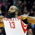 HOUSTON, TX - NOVEMBER 14: James Harden #13 of the Houston Rockets celebrates after a three-point basket during the game against the Philadelphia 76ers at the Toyota Center on November 14, 2014 in Houston, Texas. NOTE TO USER: User expressly acknowledges and agrees that, by downloading and/or using this photograph, user is consenting to the terms and conditions of the Getty Images License Agreement. (Photo by Scott Halleran/Getty Images)